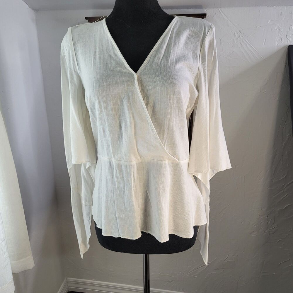 H by Halston Faux Wrap Peplum Blouse Dramatic Angel Sleeve Boho Ivory Top L